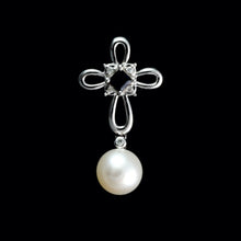 Load image into Gallery viewer, 10ct White Gold Pearl, Sapphire & Diamond Pendant (0.04ct)