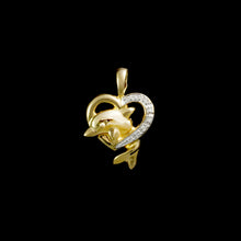 Load image into Gallery viewer, 9ct Yellow Gold 1990's Diamond & Heart Dolphin Pendant (0.03ct) - Optional Chain