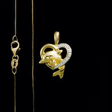 Load image into Gallery viewer, 9ct Yellow Gold 1990's Diamond & Heart Dolphin Pendant (0.03ct) - Optional Chain