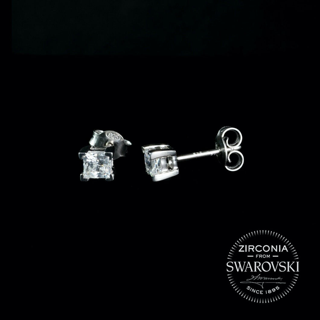 Sterling Silver & Swarovski Zirconia 4.00mm Princess Cut Solitaire Stud Earrings