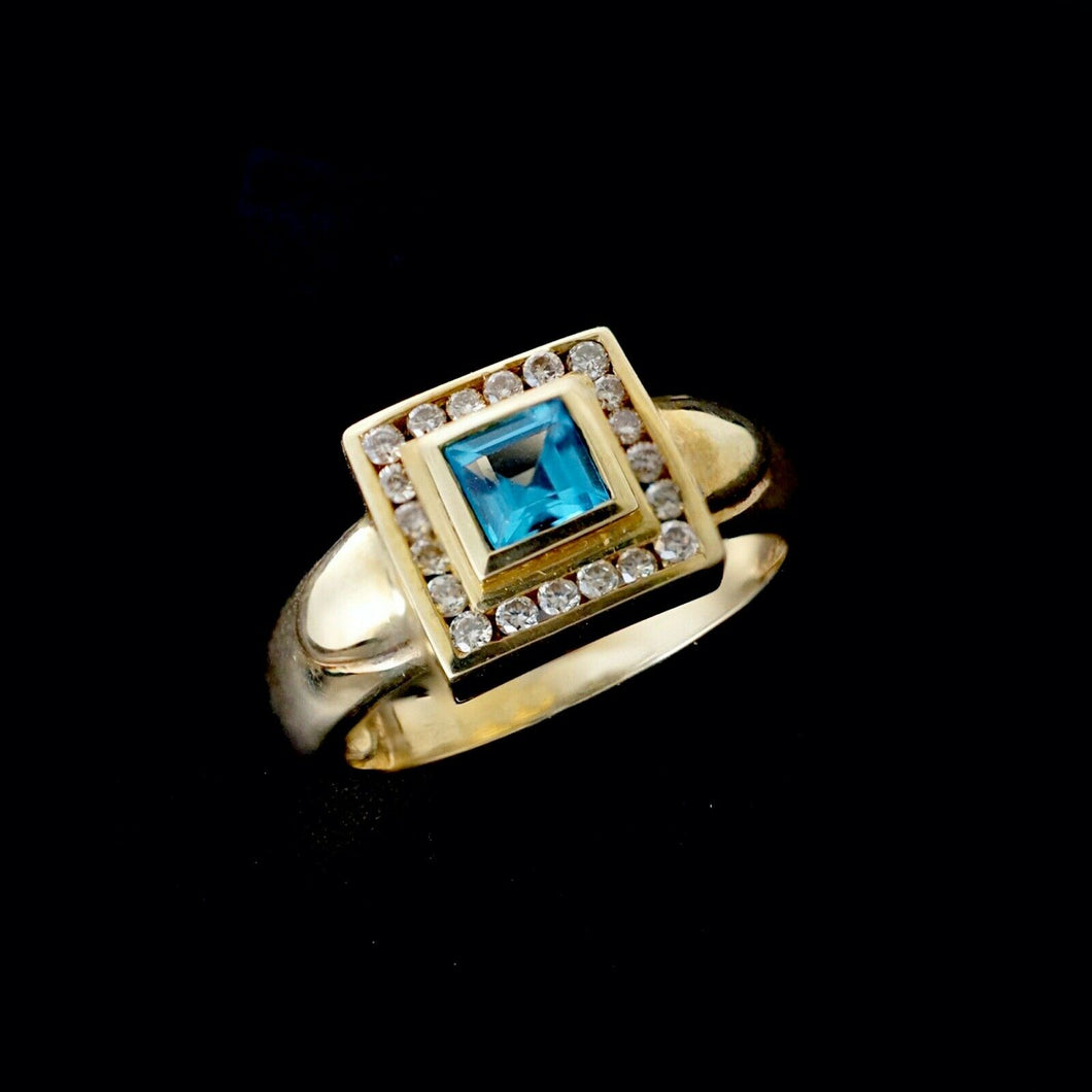 9ct Yellow Gold 0.20ct Diamond & Blue Topaz Ring (Size O1/2)