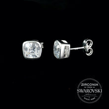 Load image into Gallery viewer, Silver &amp; Swarovski Zirconia Cushion Cut Solitaire Stud Earrings: Gents or Pair
