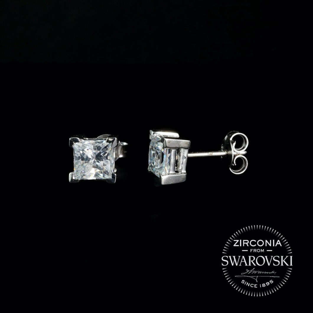 Sterling Silver & Swarovski Zirconia 6.00mm Princess Cut Solitaire Stud Earrings