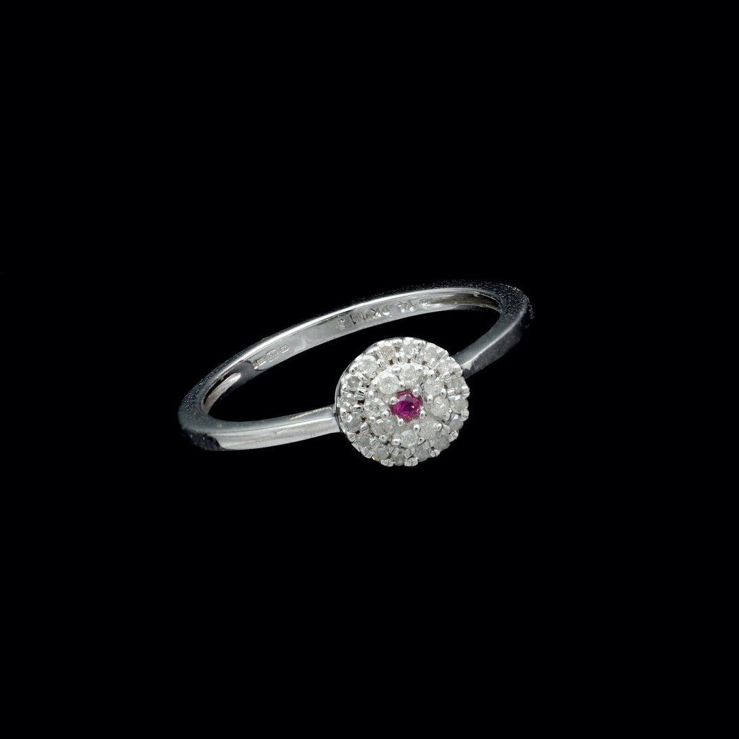 9ct White Gold 0.13ct Ruby & Diamond Cluster Ring (Size M½)