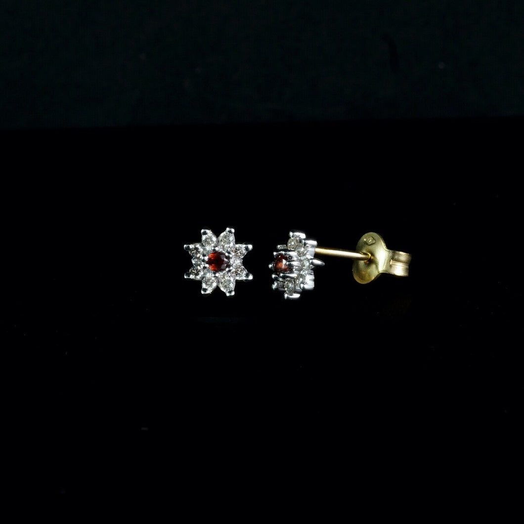 9ct Yellow Gold Garnet & Diamond Cluster Stud Earrings (0.15ct)